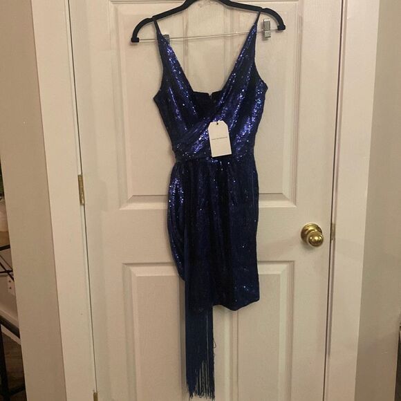 Dress the Population Alida Royal Blue Sequined fringe Mini Dress Sz 0-2 NWT - Picture 1 of 7